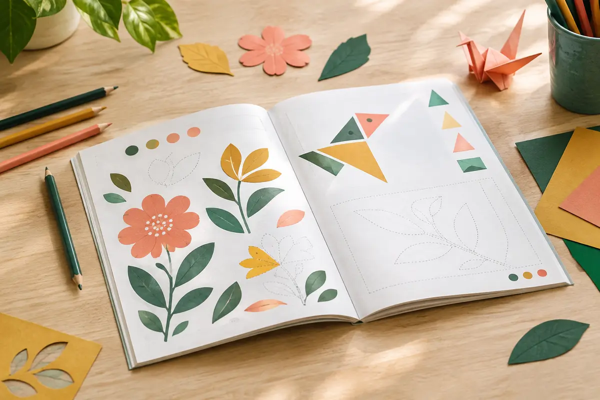 Livre d’activités ouvert avec crayons et papiers colorés sur une table claire